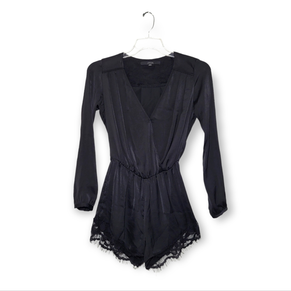 Guess Los Angeles Black Lace Trim Long Sleeve V-neck Romper XS